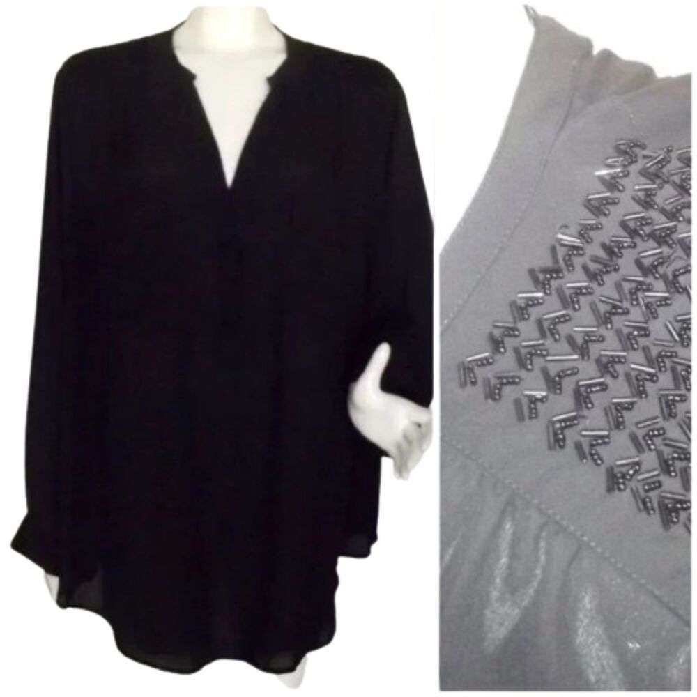 TORRID Top, 4/4X, Black, Beaded shoulders, Long Tab Sleeves, Pocket, Polyester